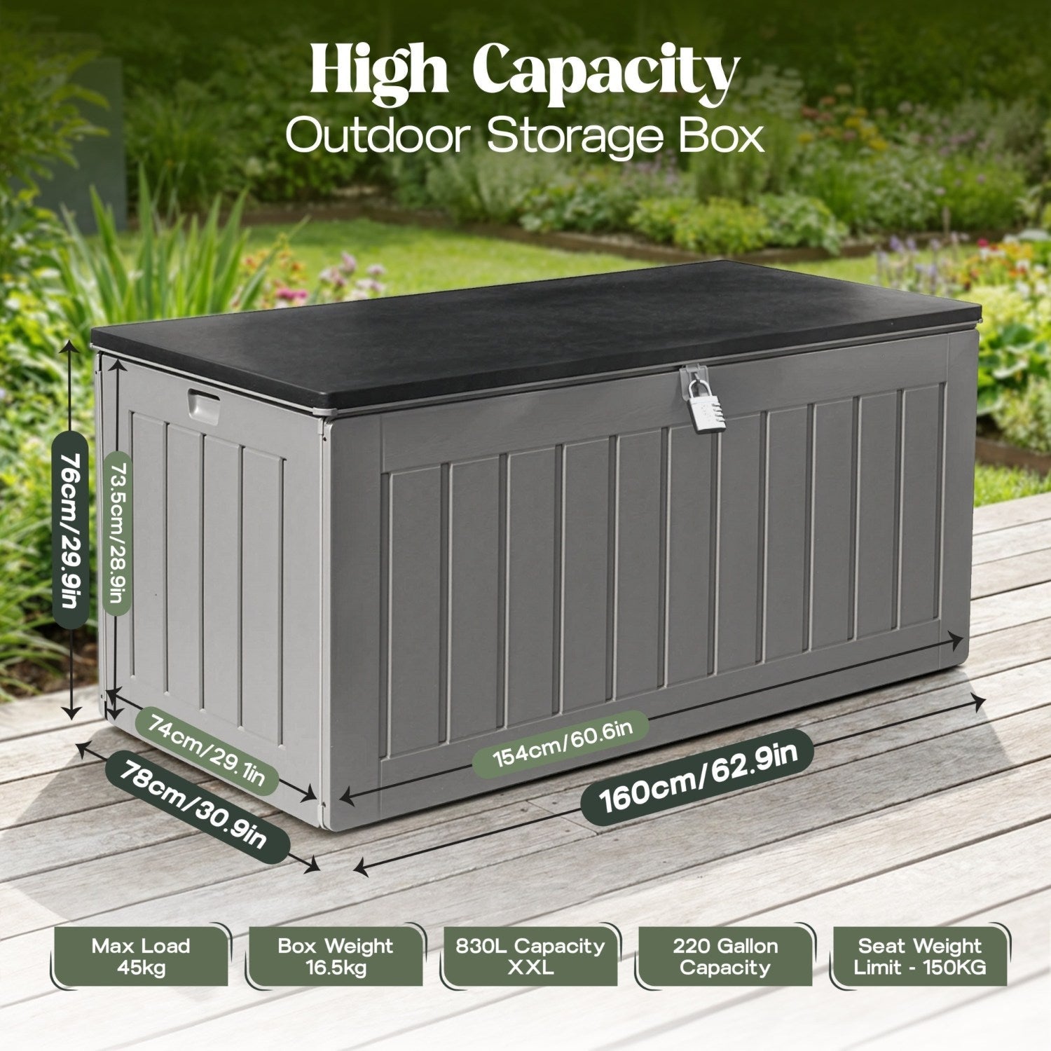 XXL Extra-Large Weatherproof Garden Storage Box Bench – Outdoor Plastic Shed for Cushions, Tools & Garden Storage