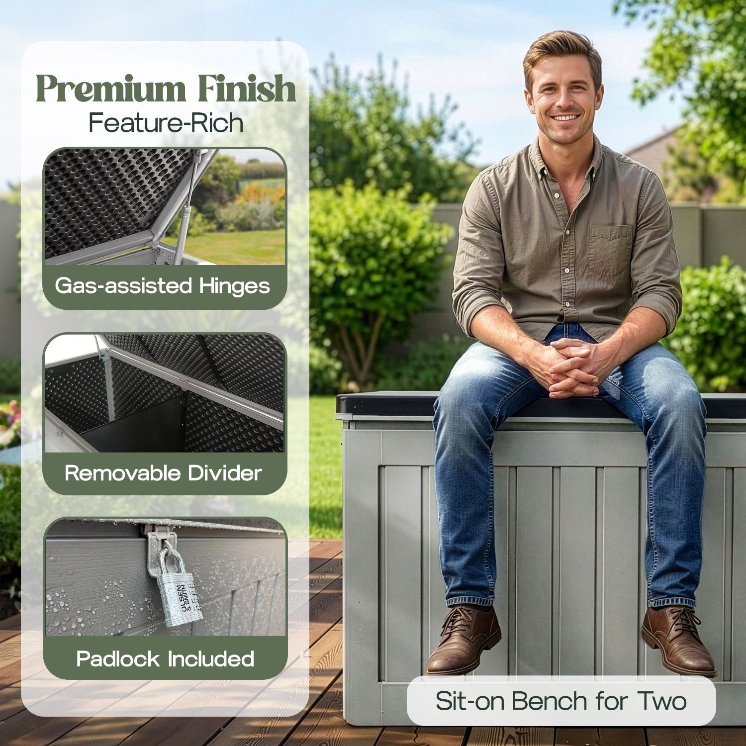 XXL Extra-Large Weatherproof Garden Storage Box Bench – Outdoor Plastic Shed for Cushions, Tools & Garden Storage