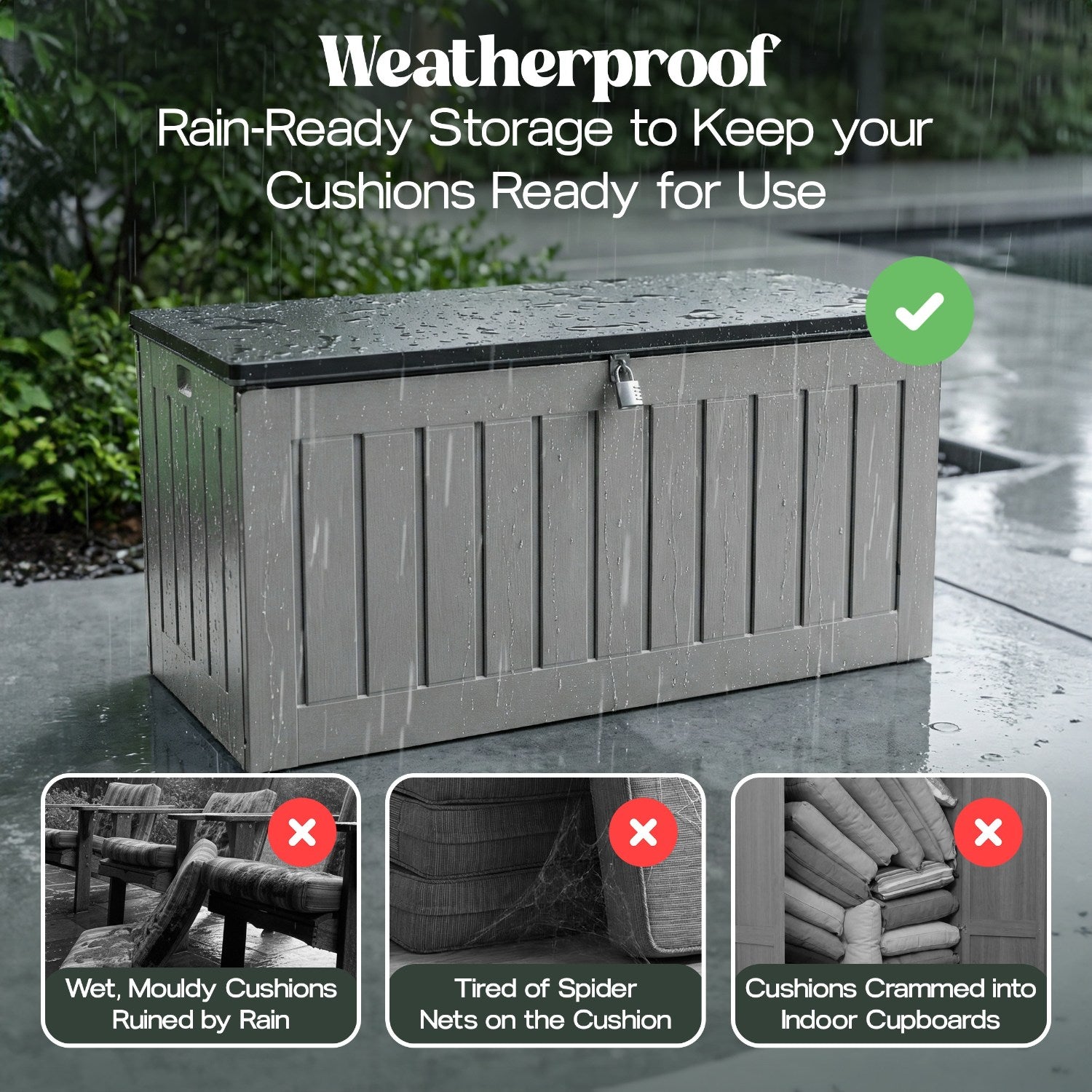 XXL Extra-Large Weatherproof Garden Storage Box Bench – Outdoor Plastic Shed for Cushions, Tools & Garden Storage