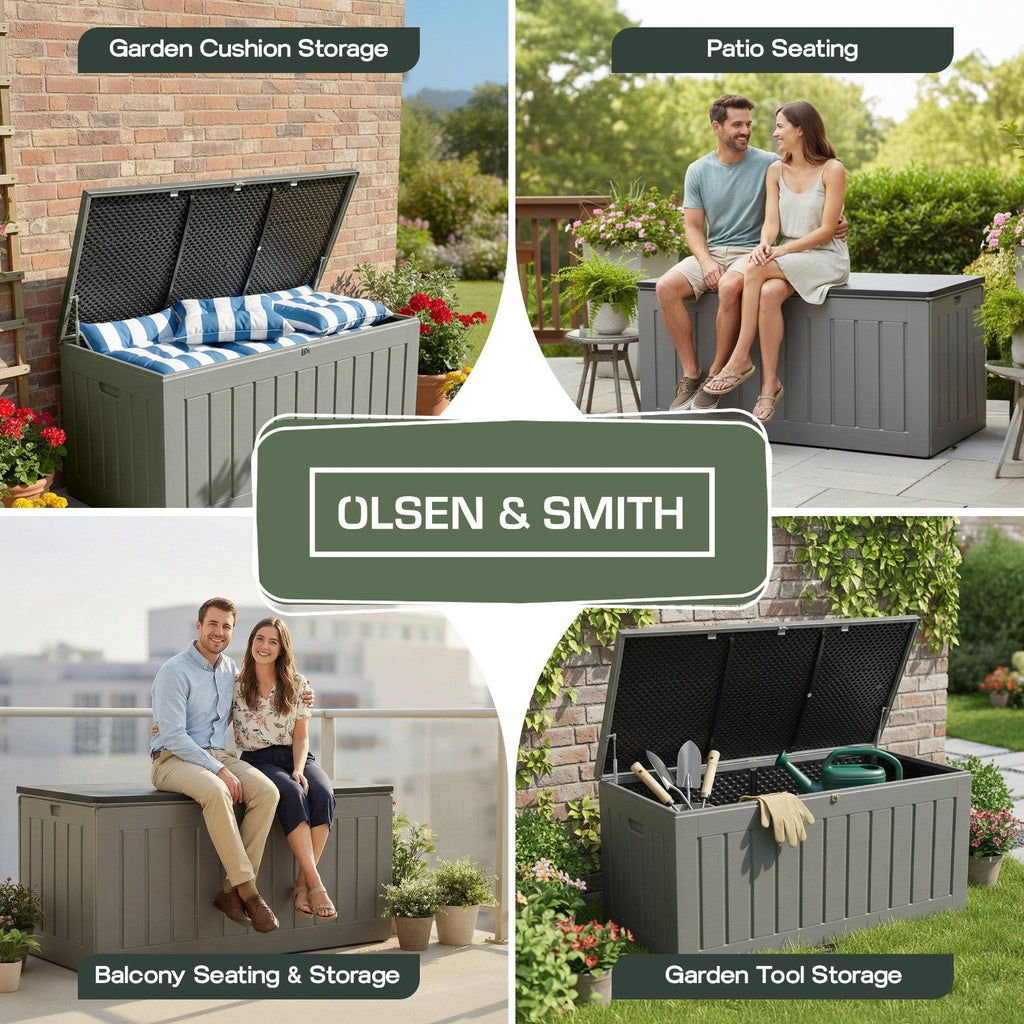 XXL Extra-Large Weatherproof Garden Storage Box Bench – Outdoor Plastic Shed for Cushions, Tools & Garden Storage