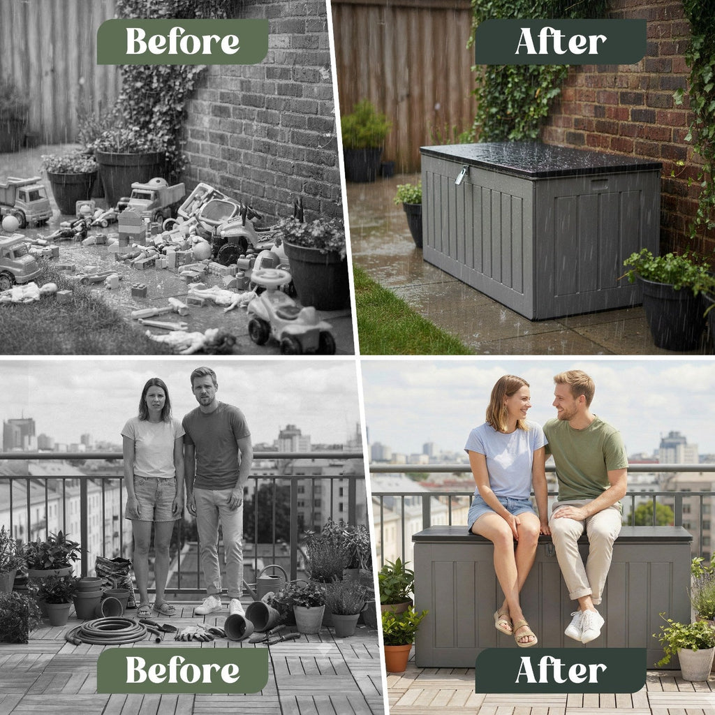 XXL Extra-Large Weatherproof Garden Storage Box Bench – Outdoor Plastic Shed for Cushions, Tools & Garden Storage