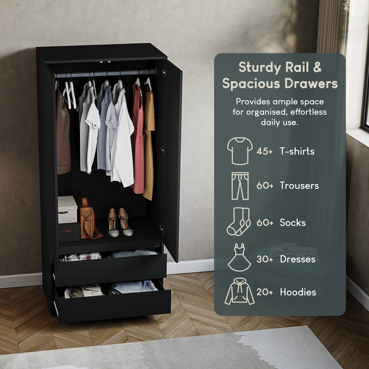 Denver 2-Door 2-Drawer Wardrobe, Black