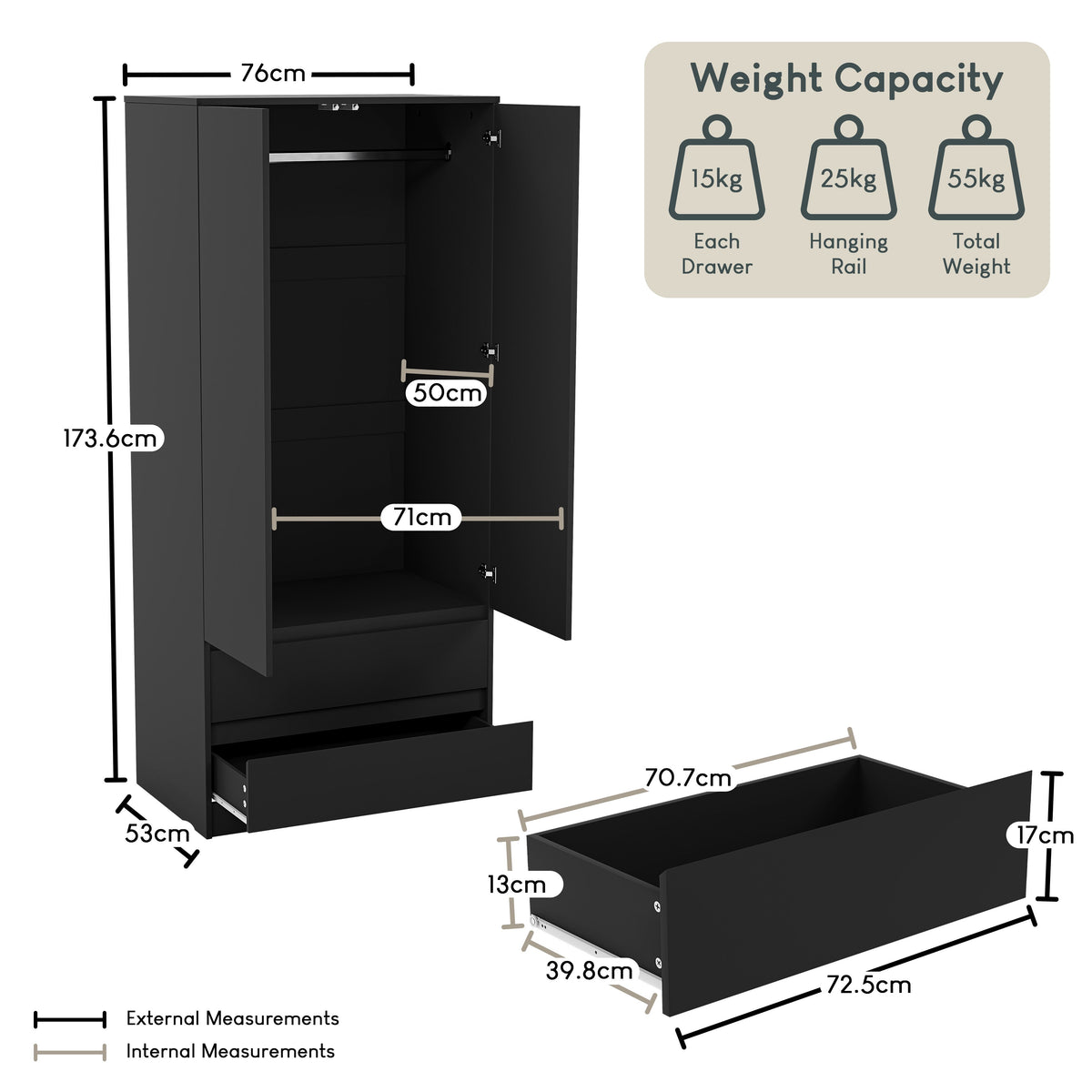 Denver 2-Door 2-Drawer Wardrobe, Black
