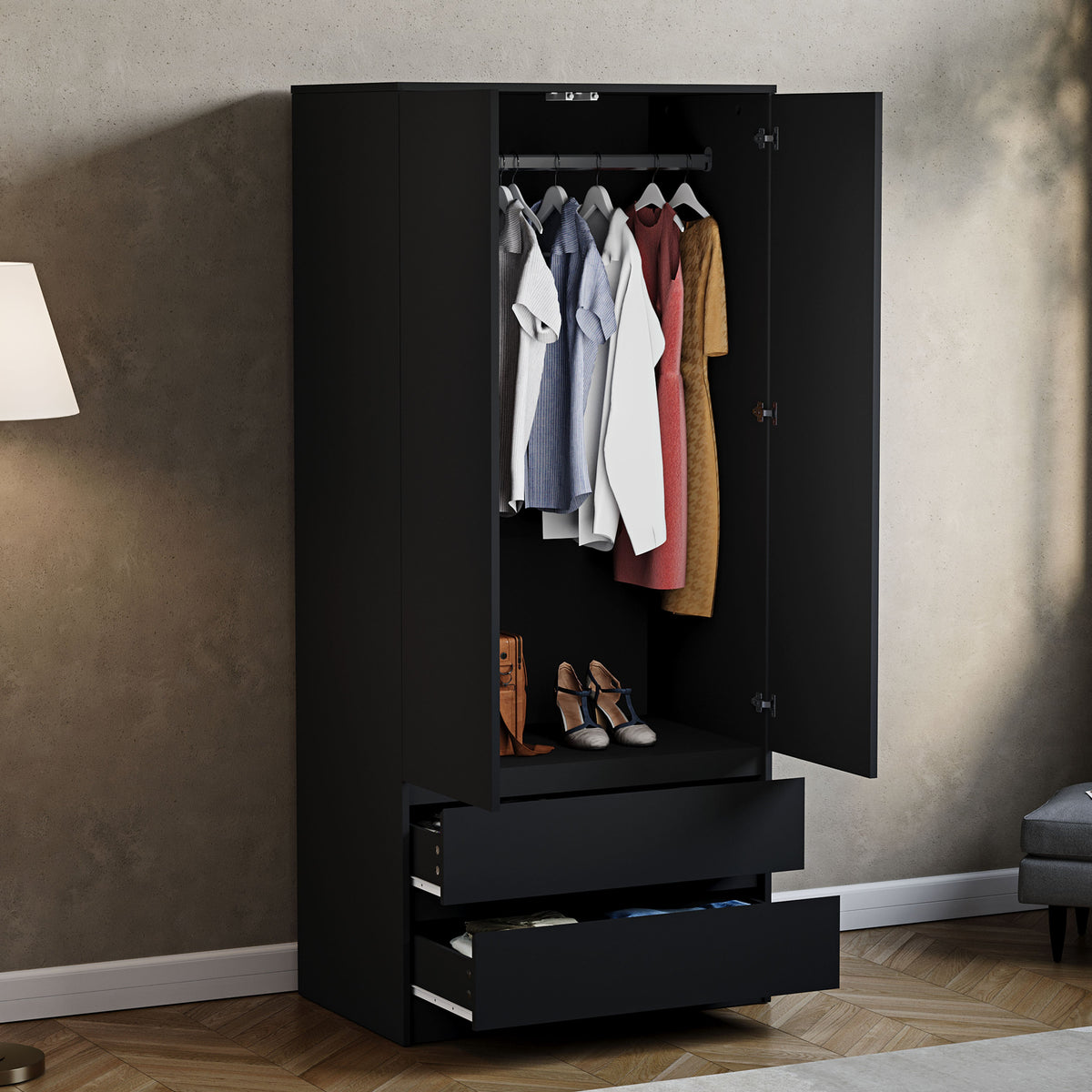 Denver 2-Door 2-Drawer Wardrobe, Black