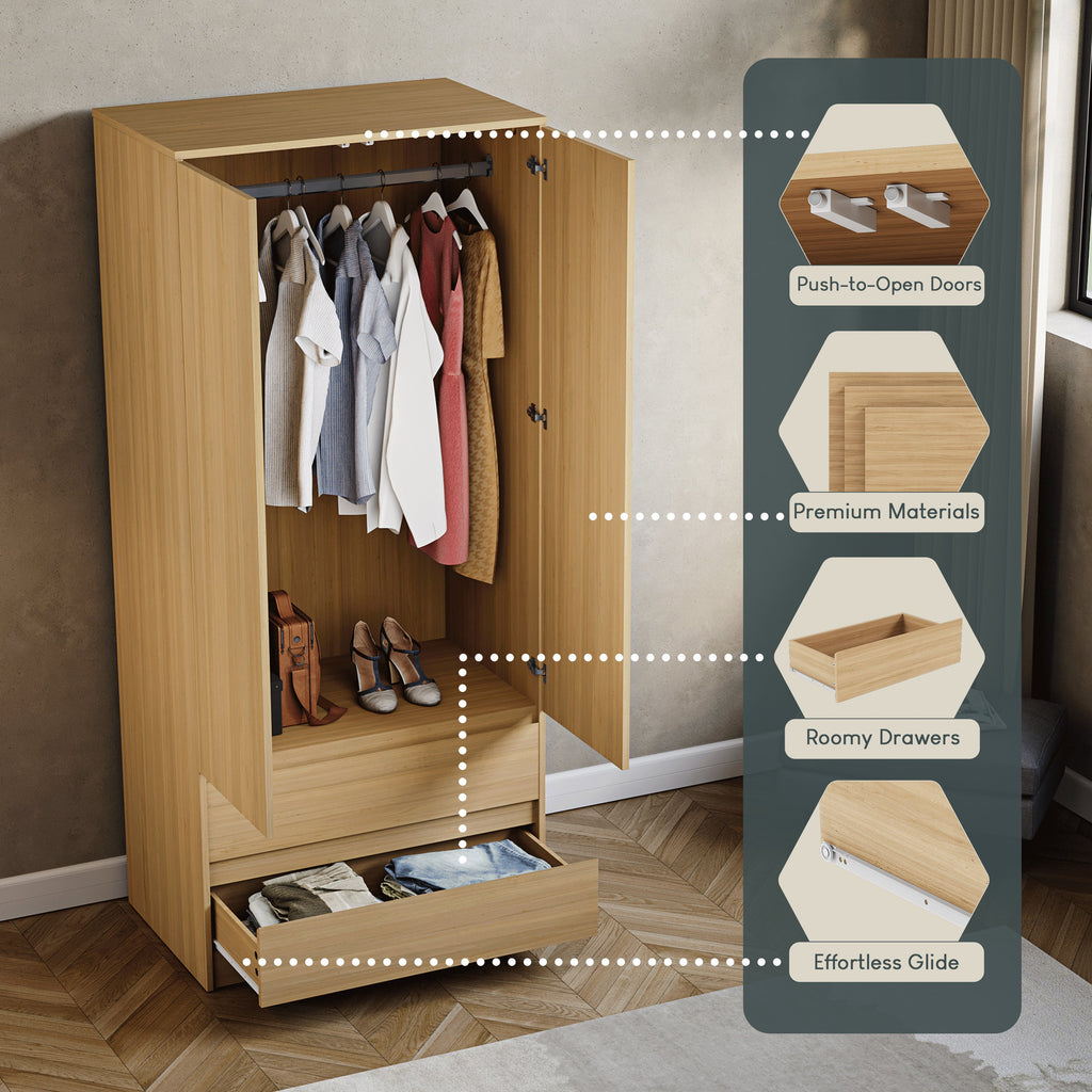 Denver 2-Door 2-Drawer Wardrobe, Pine
