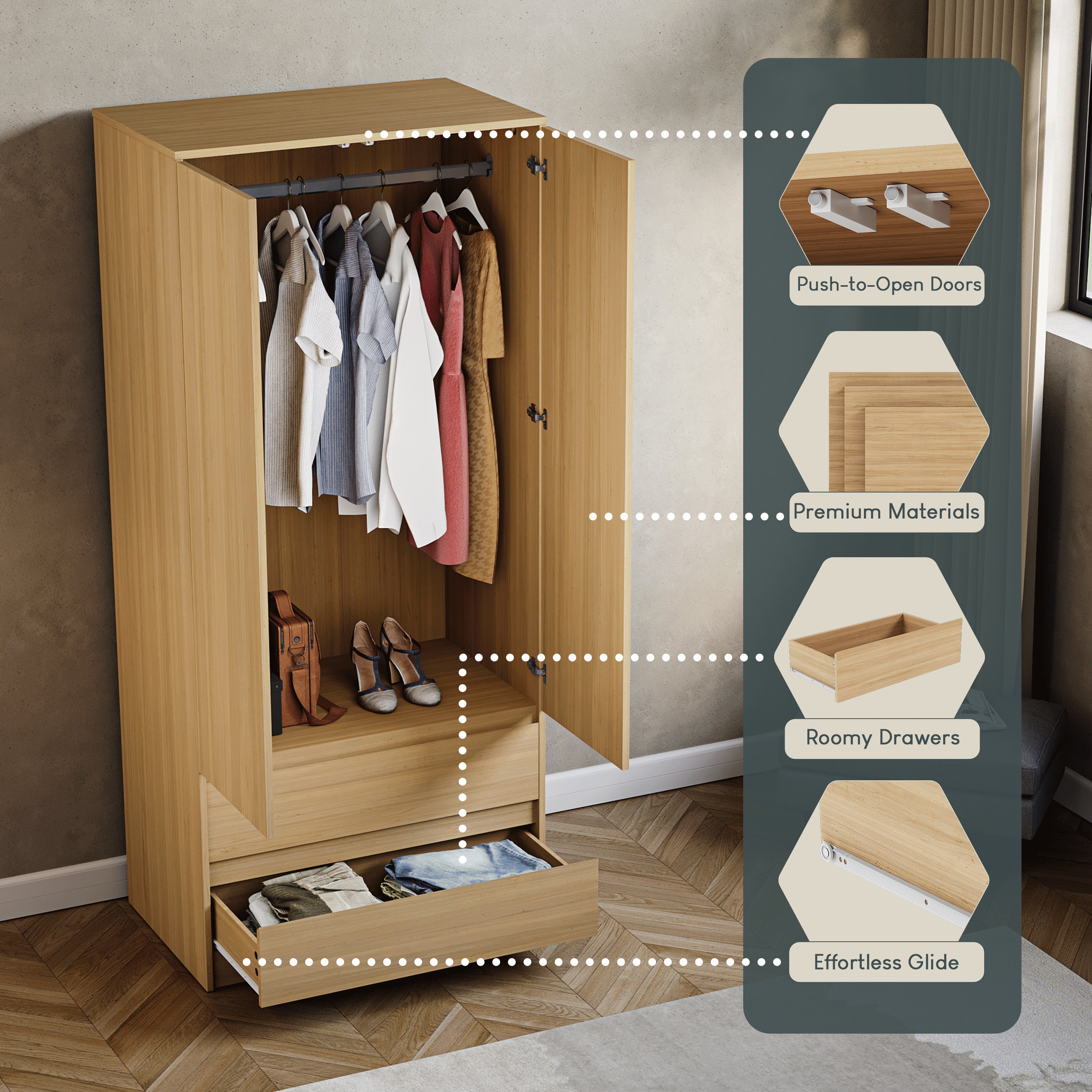 Denver 2-Door 2-Drawer Wardrobe, Pine