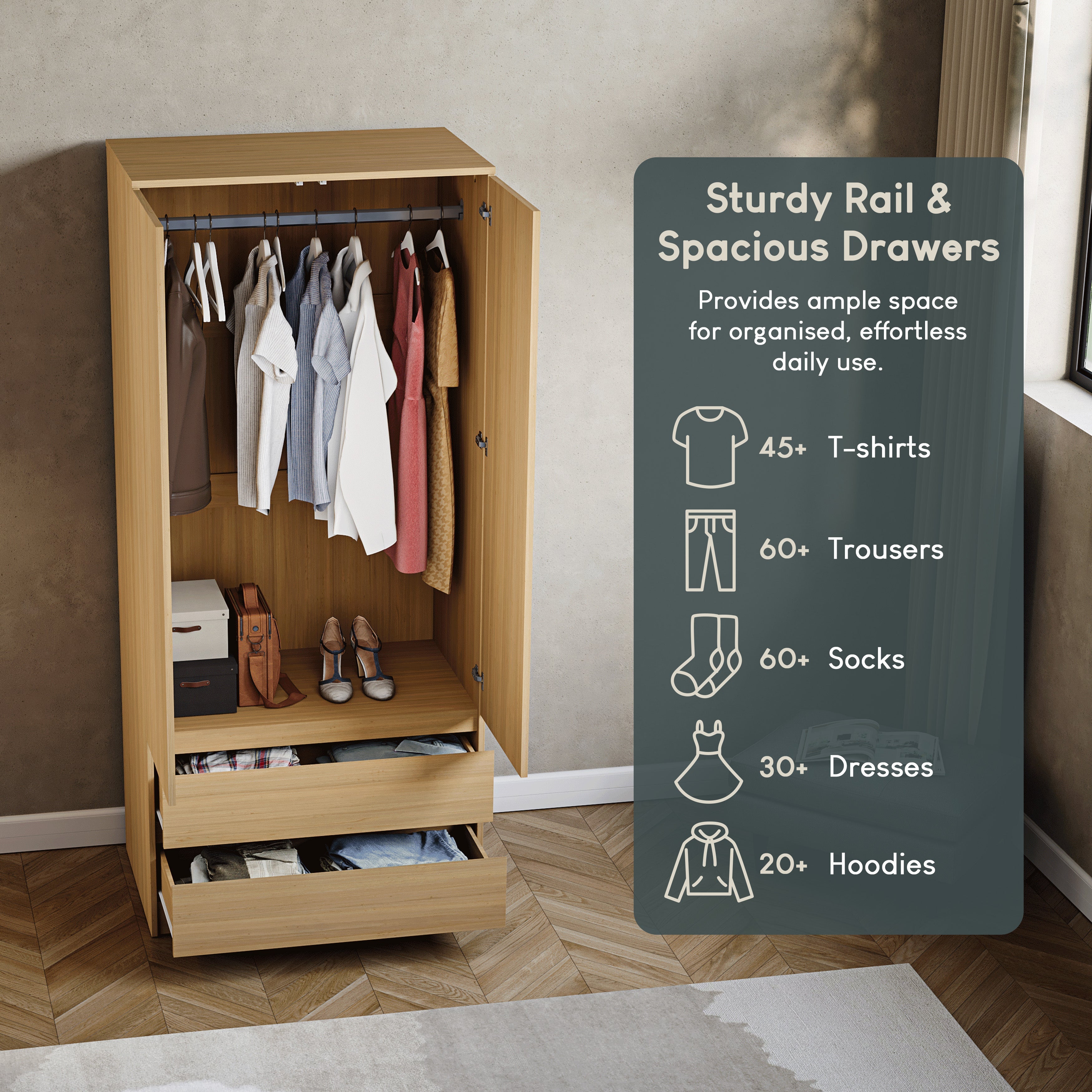 Denver 2-Door 2-Drawer Wardrobe, Pine