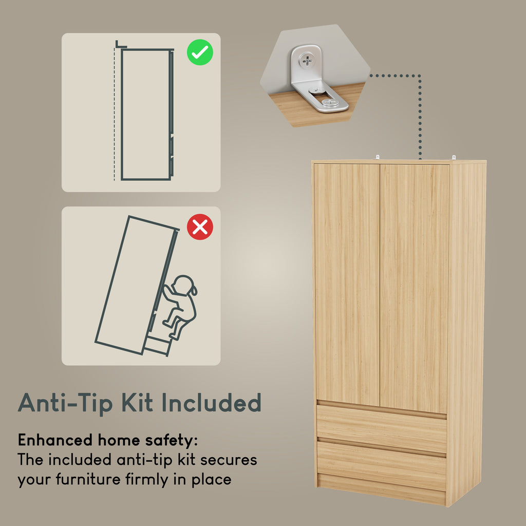Denver 2-Door 2-Drawer Wardrobe, Pine