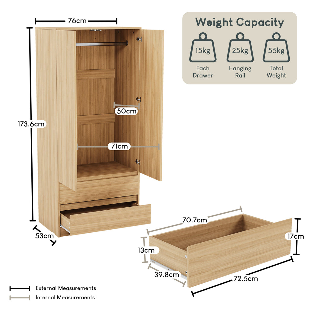 Denver 2-Door 2-Drawer Wardrobe, Pine