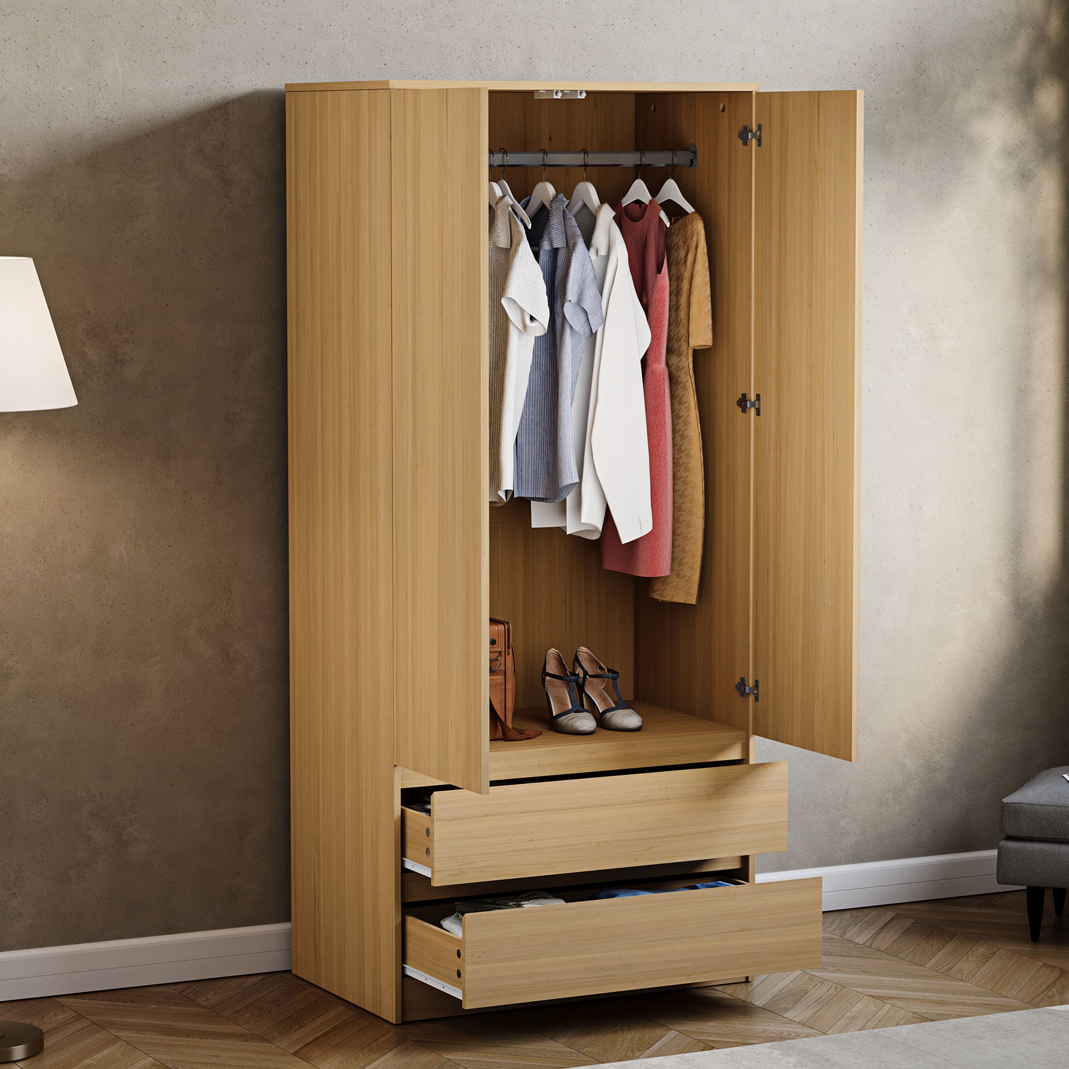 Denver 2-Door 2-Drawer Wardrobe, Pine