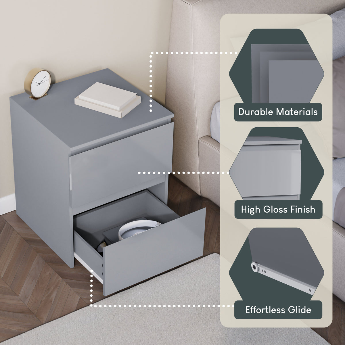 Glinton 2-Drawer Bedside Chest - Grey (FSC 100%)