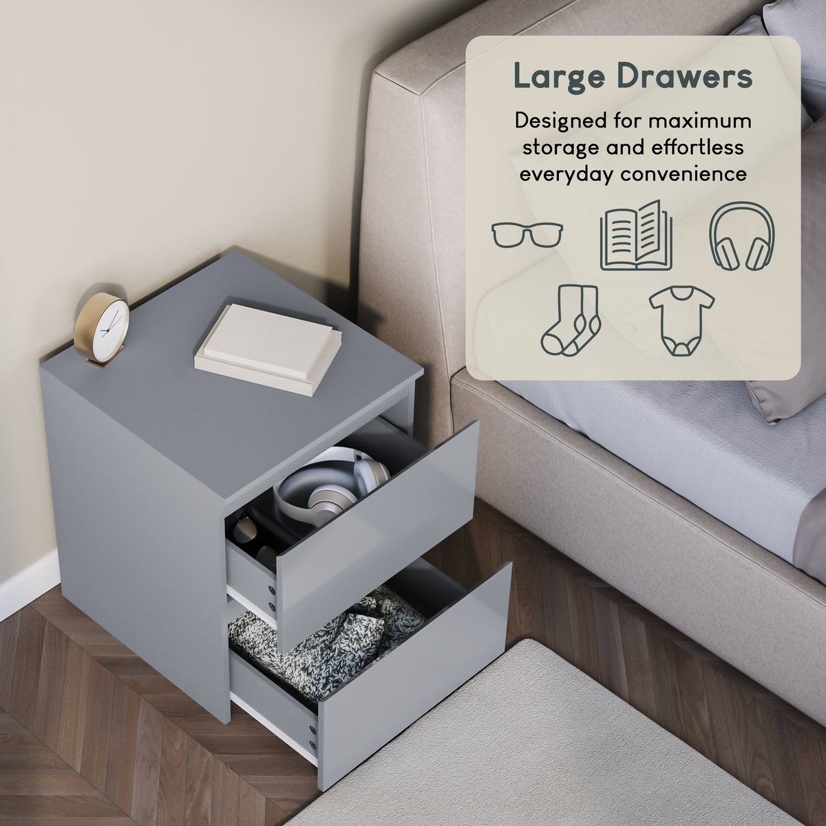 Glinton 2-Drawer Bedside Chest - Grey (FSC 100%)