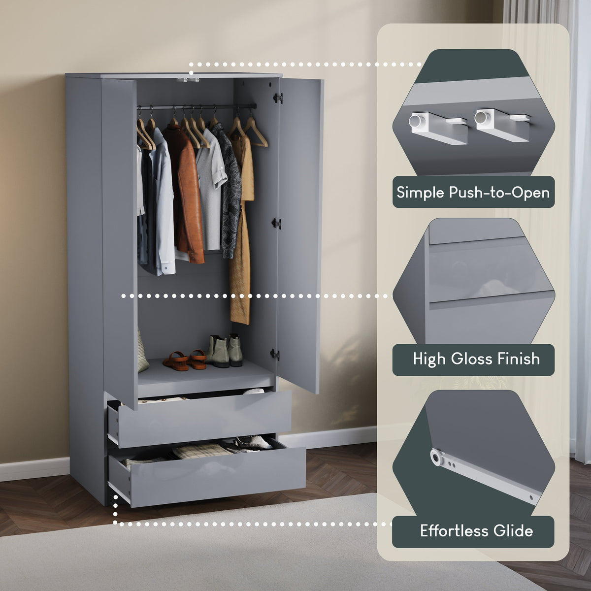Glinton 2-Door 2-Drawer Wardrobe, Grey (FSC 100%)