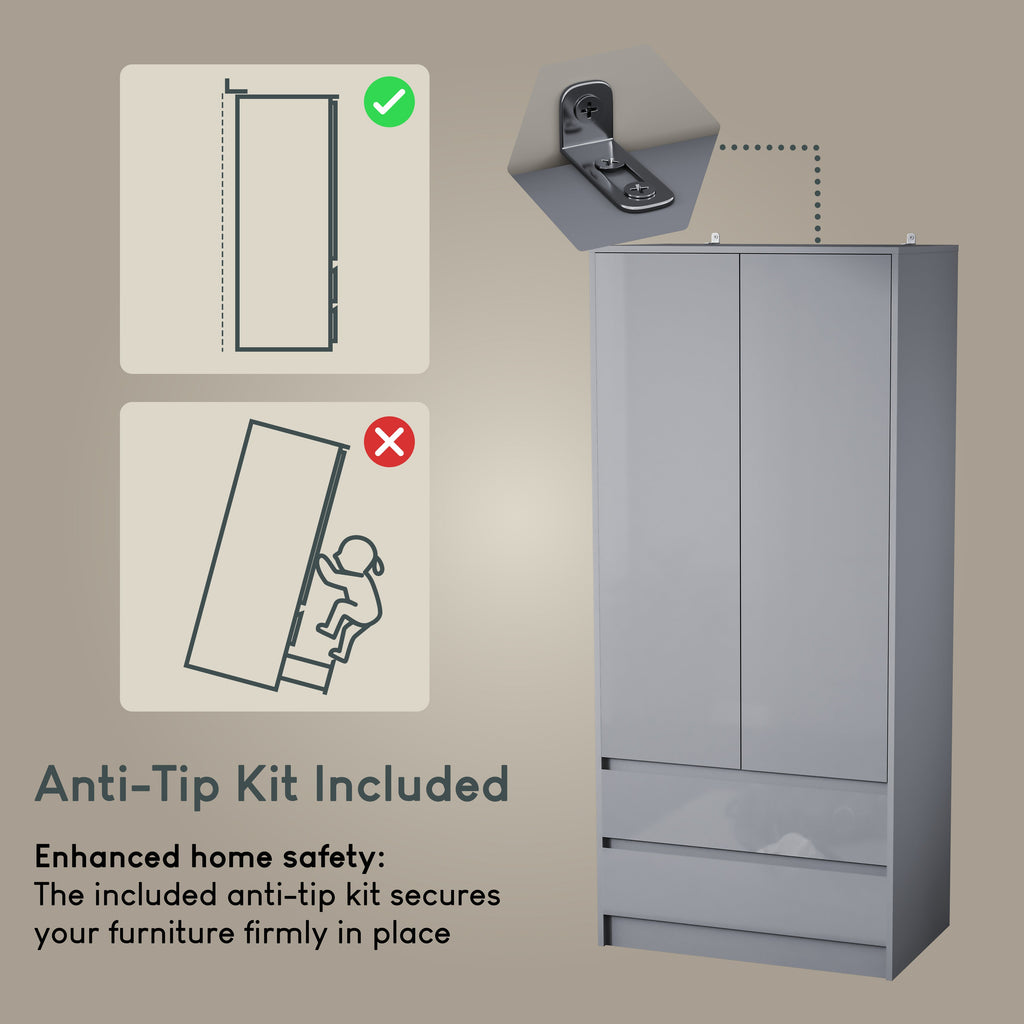 Glinton 2-Door 2-Drawer Wardrobe, Grey (FSC 100%)