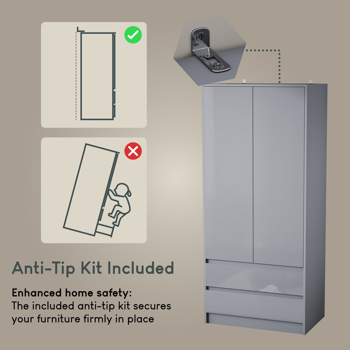 Glinton 2-Door 2-Drawer Wardrobe, Grey (FSC 100%)