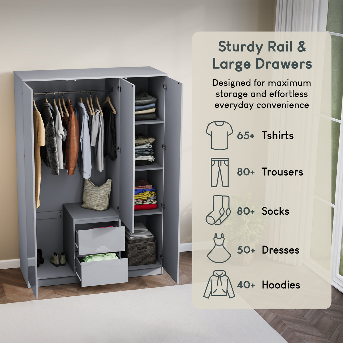 Glinton 3-Door 2-Drawer Wardrobe, Grey (FSC 100%)
