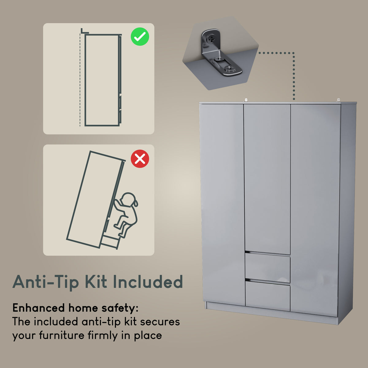 Glinton 3-Door 2-Drawer Wardrobe, Grey (FSC 100%)