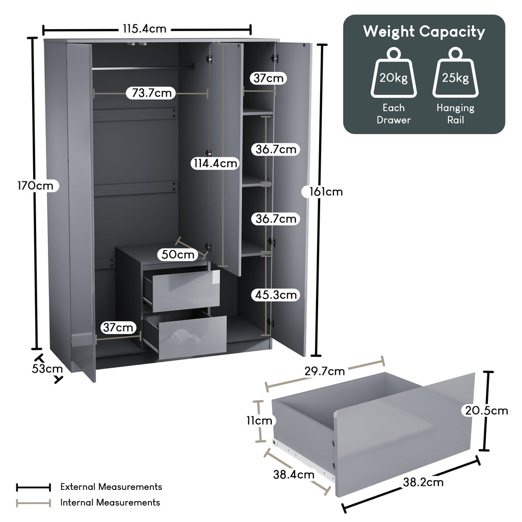 Glinton 3-Door 2-Drawer Wardrobe, Grey (FSC 100%)