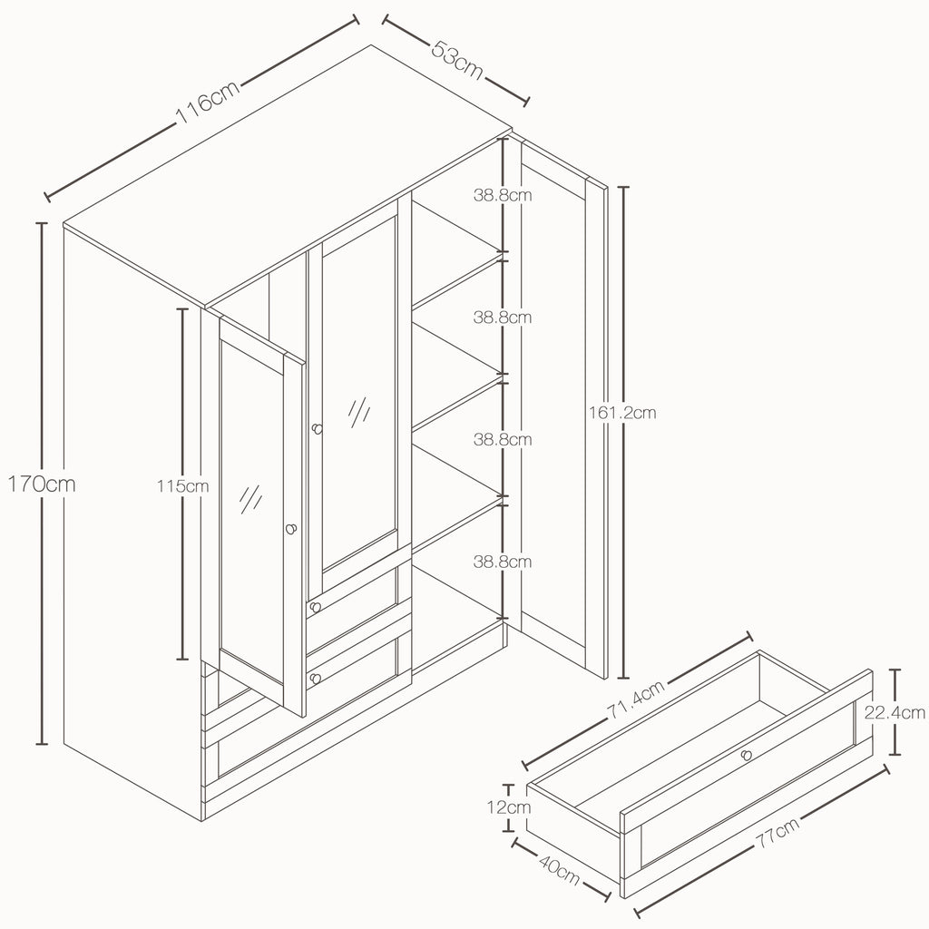 Altino 3 Door 2 Drawer Mirrored Wardrobe, Black