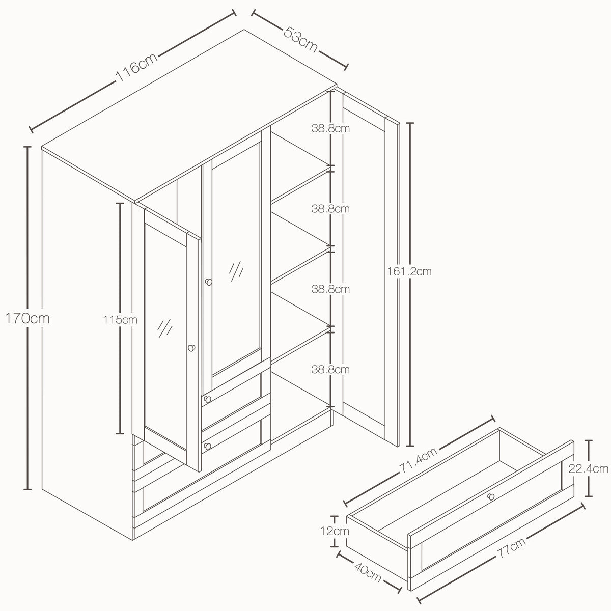 Altino 3 Door 2 Drawer Mirrored Wardrobe, Black