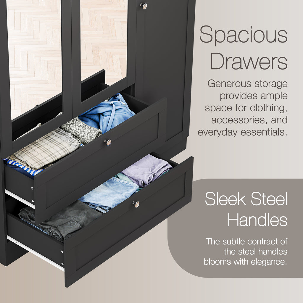 Altino 3 Door 2 Drawer Mirrored Wardrobe, Black