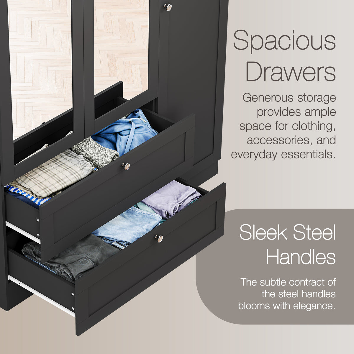Altino 3 Door 2 Drawer Mirrored Wardrobe, Black