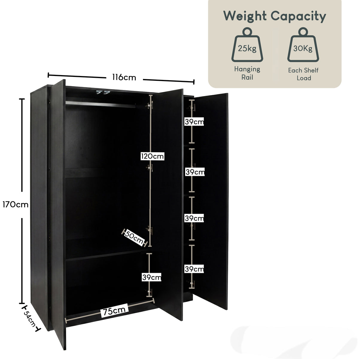 Denver 3 Door Mirrored Wardrobe – Modern Spacious Bedroom Storage Closet, Black