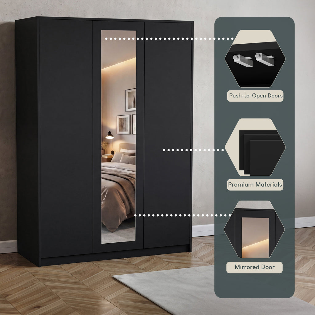 Denver 3 Door Mirrored Wardrobe – Modern Spacious Bedroom Storage Closet, Black