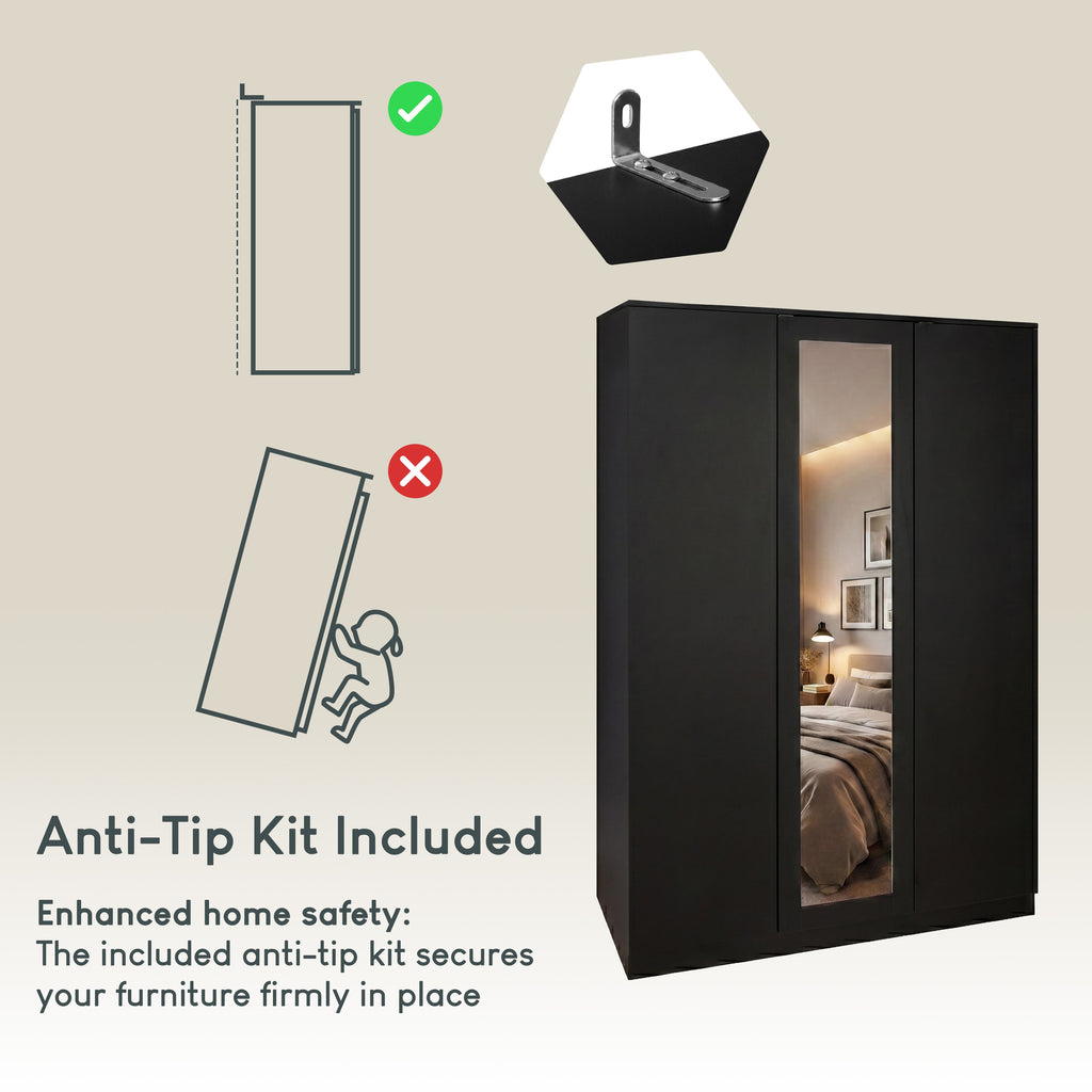 Denver 3 Door Mirrored Wardrobe – Modern Spacious Bedroom Storage Closet, Black