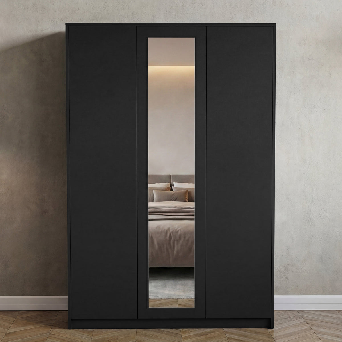 Denver 3 Door Mirrored Wardrobe – Modern Spacious Bedroom Storage Closet, Black