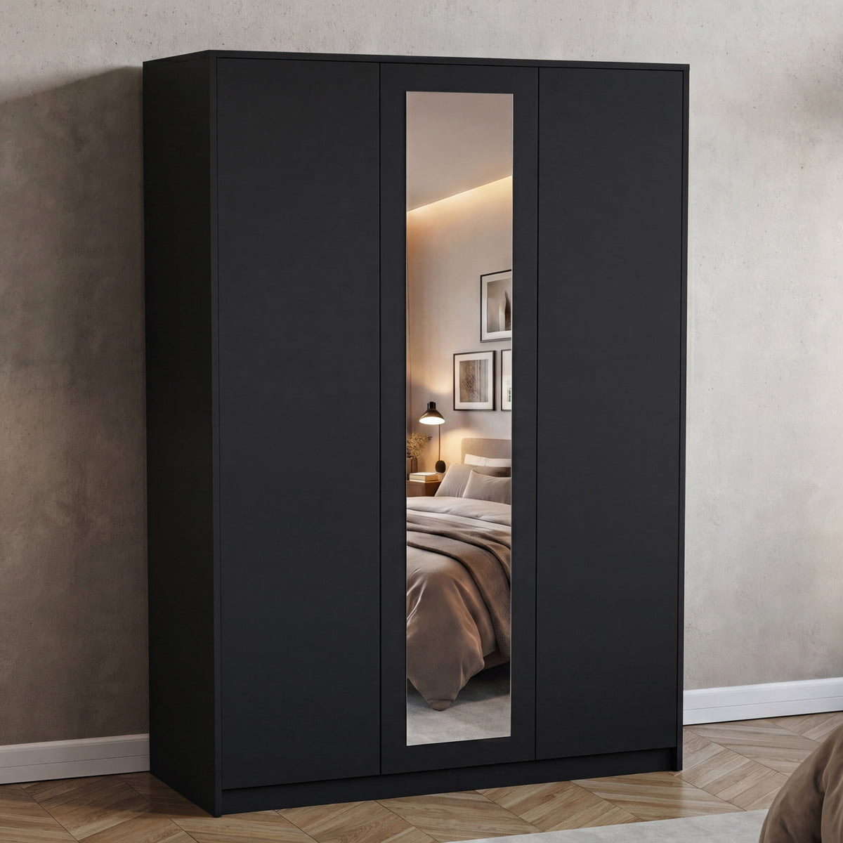 Denver 3 Door Mirrored Wardrobe – Modern Spacious Bedroom Storage Closet, Black