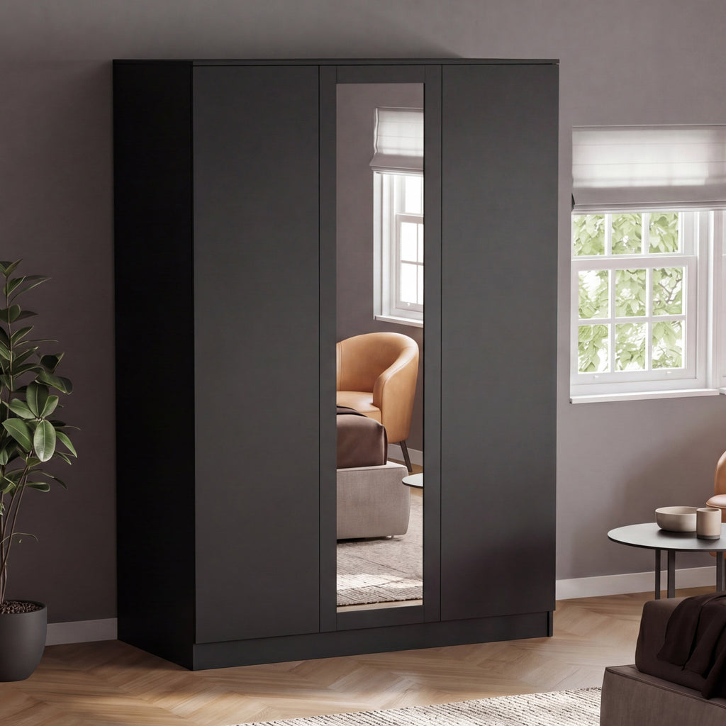 Denver 3 Door Mirrored Wardrobe – Modern Spacious Bedroom Storage Closet, Black