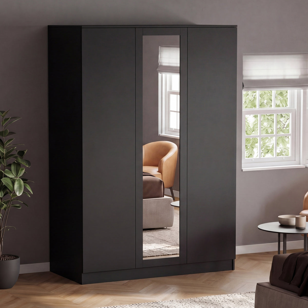 Denver 3 Door Mirrored Wardrobe – Modern Spacious Bedroom Storage Closet, Black