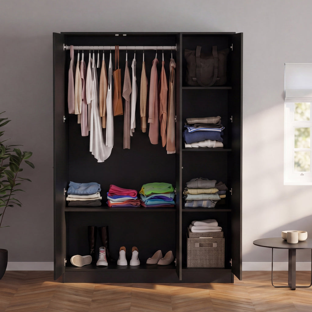 Denver 3 Door Mirrored Wardrobe – Modern Spacious Bedroom Storage Closet, Black