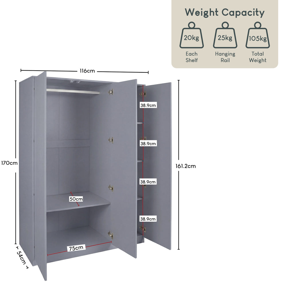 Denver 3 Door Mirrored Wardrobe – Modern Spacious Bedroom Storage Closet, Grey
