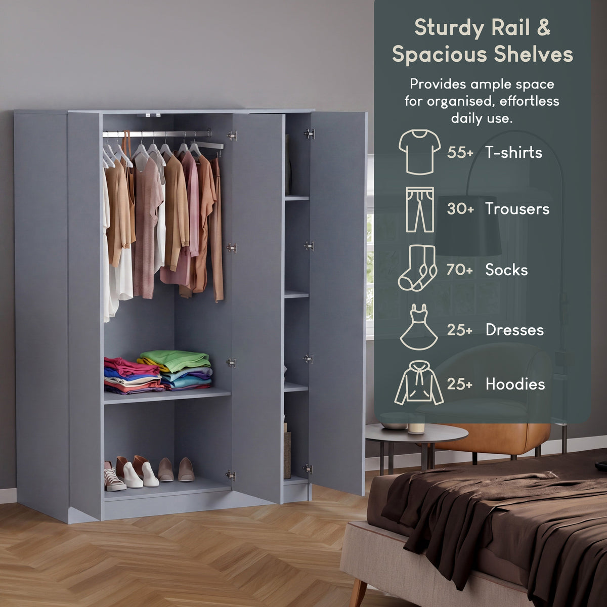 Denver 3 Door Mirrored Wardrobe – Modern Spacious Bedroom Storage Closet, Grey