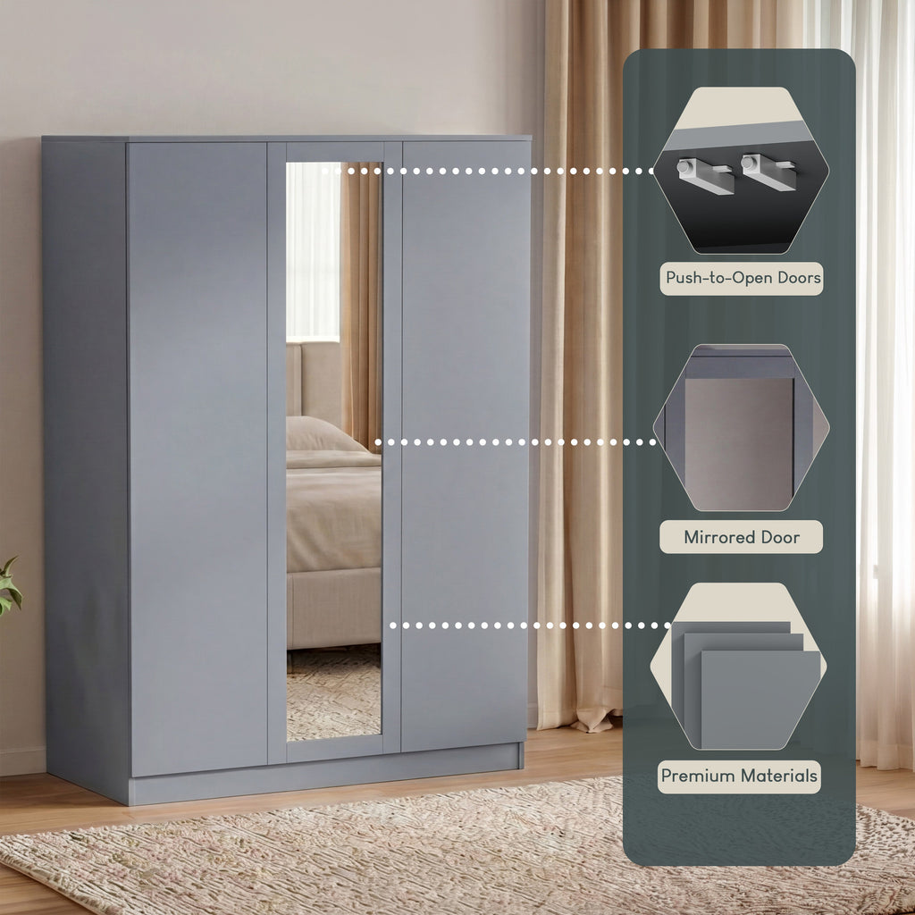 Denver 3 Door Mirrored Wardrobe – Modern Spacious Bedroom Storage Closet, Grey