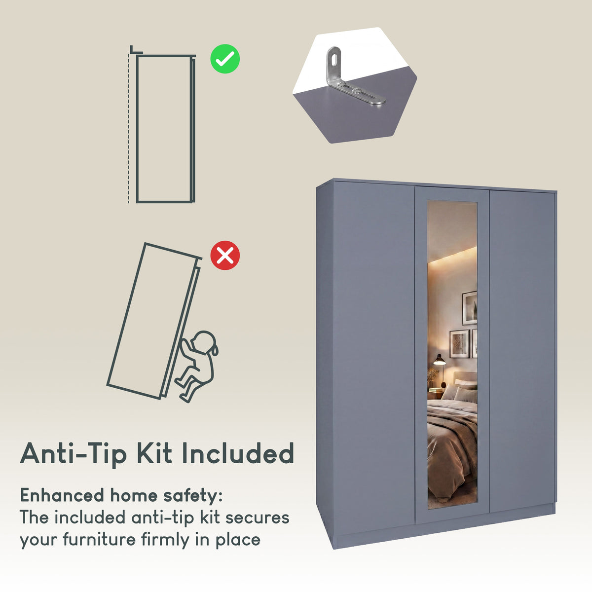 Denver 3 Door Mirrored Wardrobe – Modern Spacious Bedroom Storage Closet, Grey