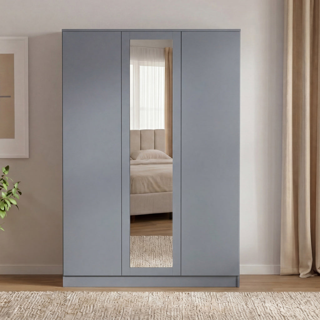 Denver 3 Door Mirrored Wardrobe – Modern Spacious Bedroom Storage Closet, Grey
