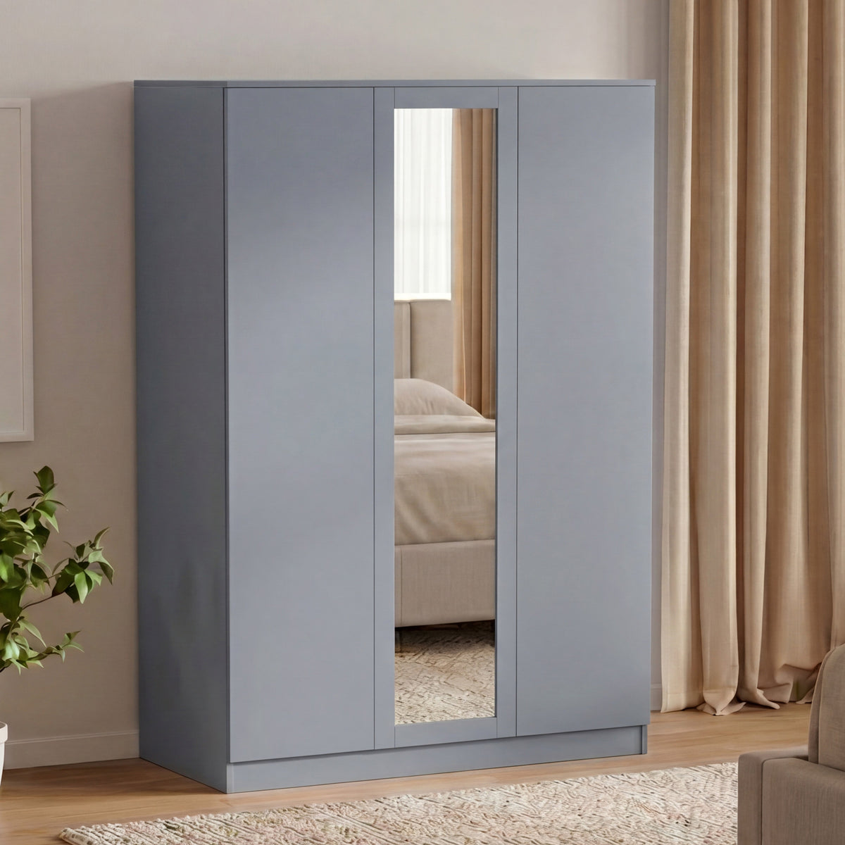 Denver 3 Door Mirrored Wardrobe – Modern Spacious Bedroom Storage Closet, Grey