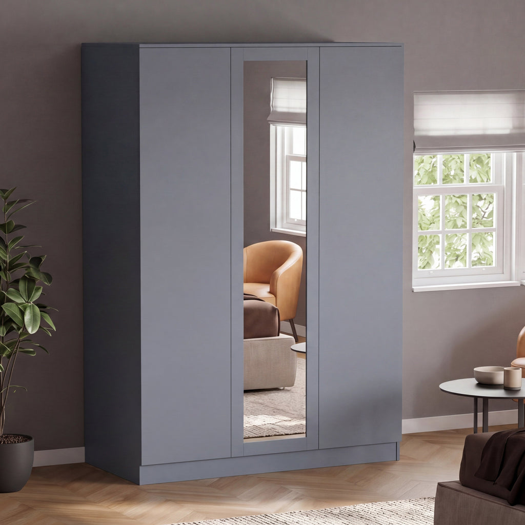 Denver 3 Door Mirrored Wardrobe – Modern Spacious Bedroom Storage Closet, Grey