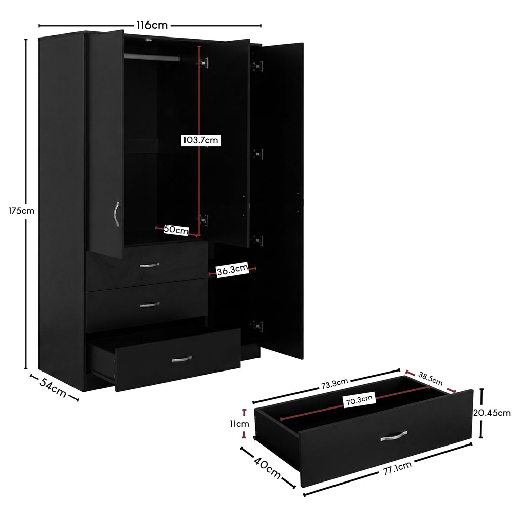 Riano 3 Door 3 Drawer Mirrored Wardrobe – Modern Spacious Bedroom Storage Closet- Black