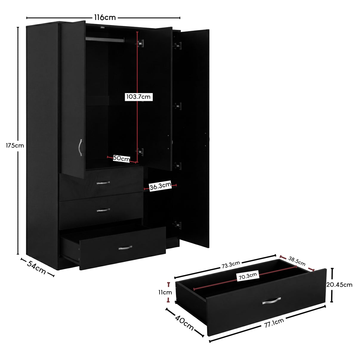 Riano 3 Door 3 Drawer Mirrored Wardrobe – Modern Spacious Bedroom Storage Closet- Black