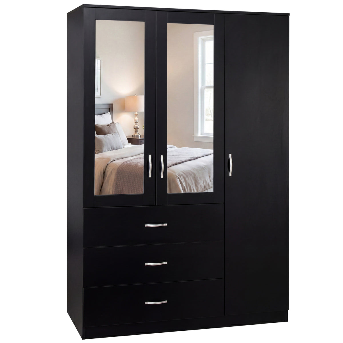 Riano 3 Door 3 Drawer Mirrored Wardrobe – Modern Spacious Bedroom Storage Closet- Black