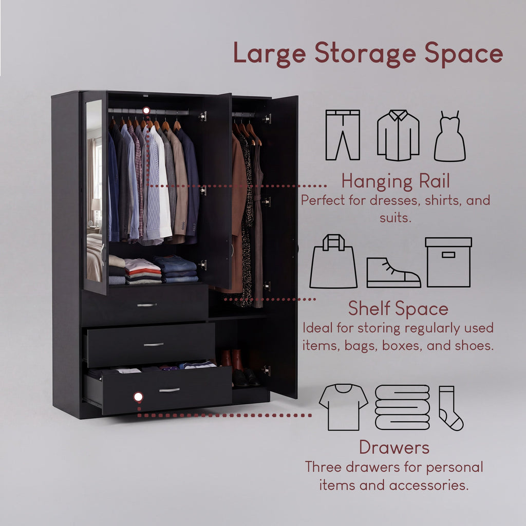 Riano 3 Door 3 Drawer Mirrored Wardrobe – Modern Spacious Bedroom Storage Closet- Black
