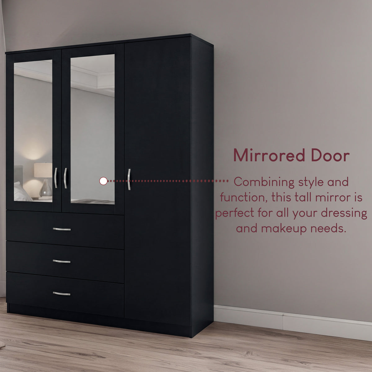 Riano 3 Door 3 Drawer Mirrored Wardrobe – Modern Spacious Bedroom Storage Closet- Black