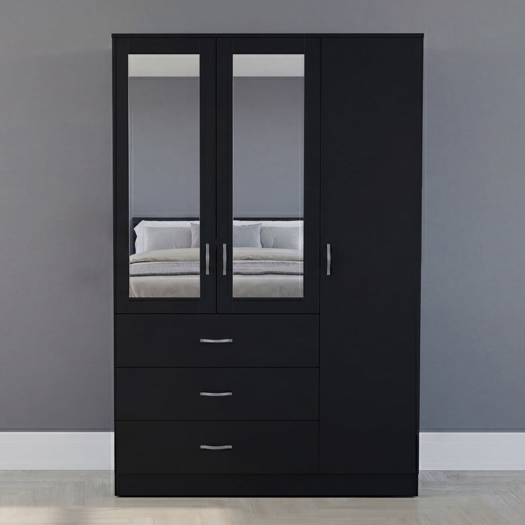 Riano 3 Door 3 Drawer Mirrored Wardrobe – Modern Spacious Bedroom Storage Closet- Black