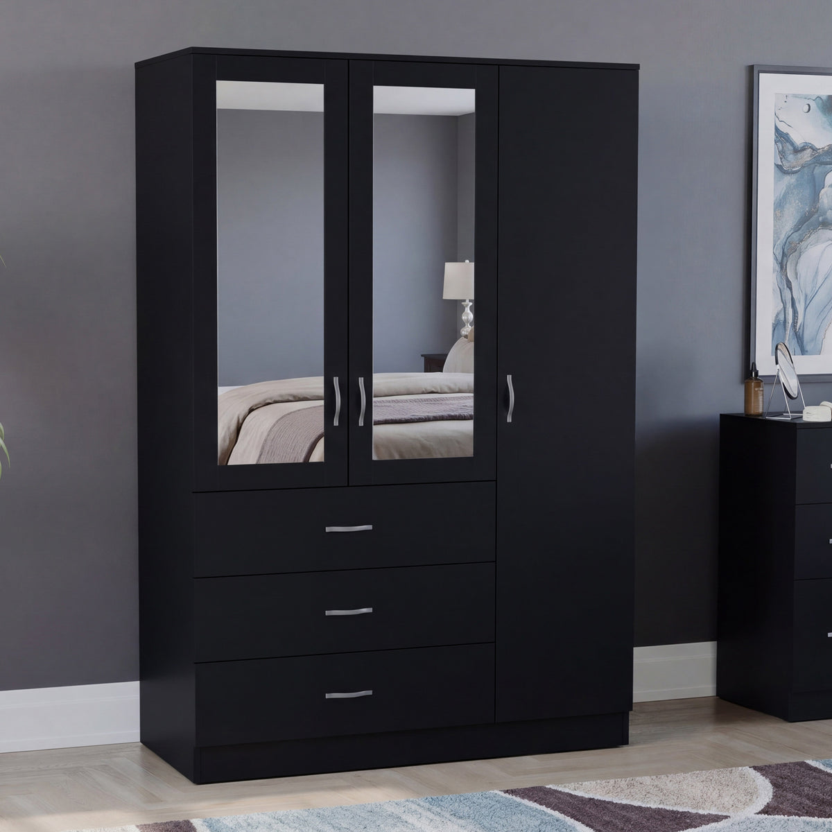 Riano 3 Door 3 Drawer Mirrored Wardrobe – Modern Spacious Bedroom Storage Closet- Black