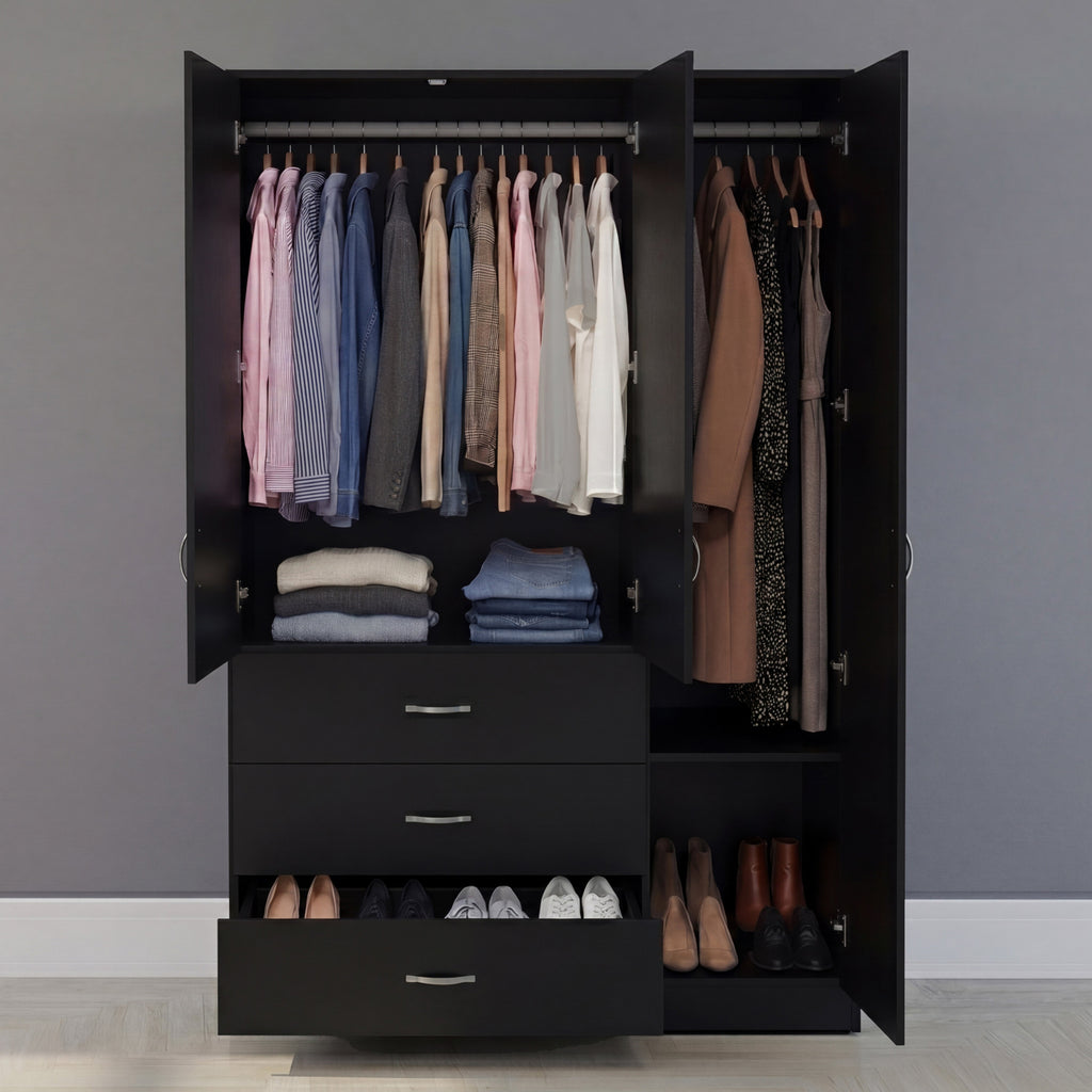 Riano 3 Door 3 Drawer Mirrored Wardrobe – Modern Spacious Bedroom Storage Closet- Black