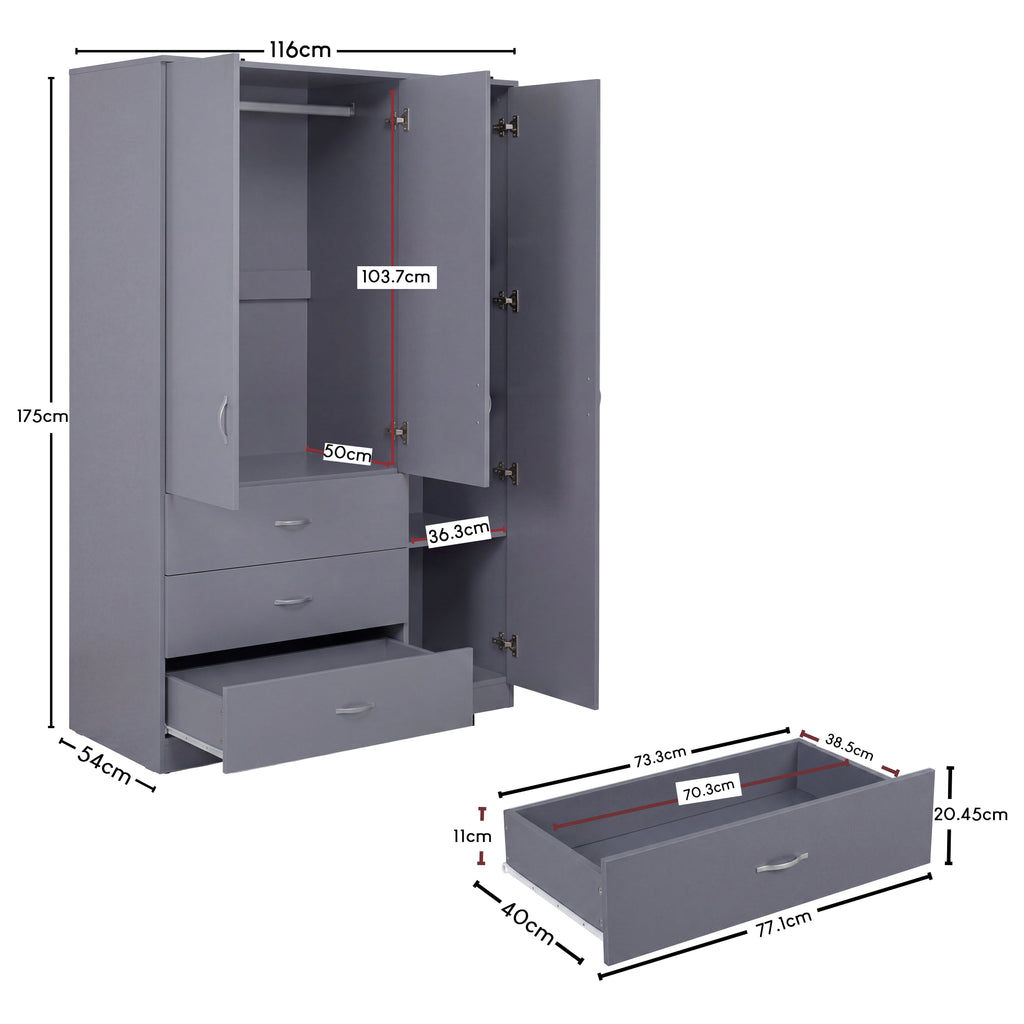 Riano 3 Door 3 Drawer Mirrored Wardrobe – Modern Spacious Bedroom Storage Closet, Grey